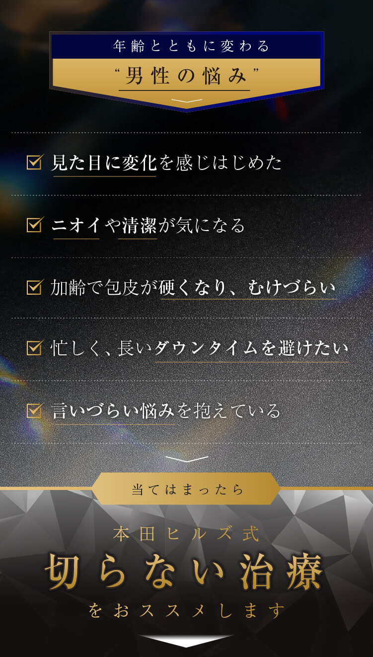年齢とともに変わる男性の悩み｜見た目に変化を感じはじめた・ニオイや清潔が気になる・加齢で包皮が硬くなり、むけづらい・忙しく、長いダウンタイムを避けたい・言いづらい悩みを抱えている