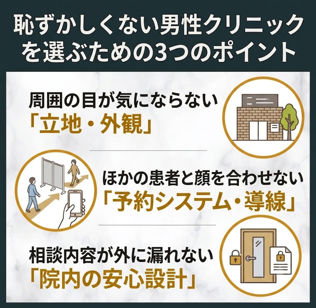 恥ずかしくない男性クリニックを選ぶための3つのポイント